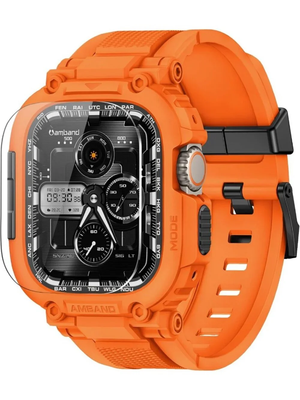 Rugged Apple Watch Case & Screen Protector, 49mm, Tempered Glass, Orange Strap